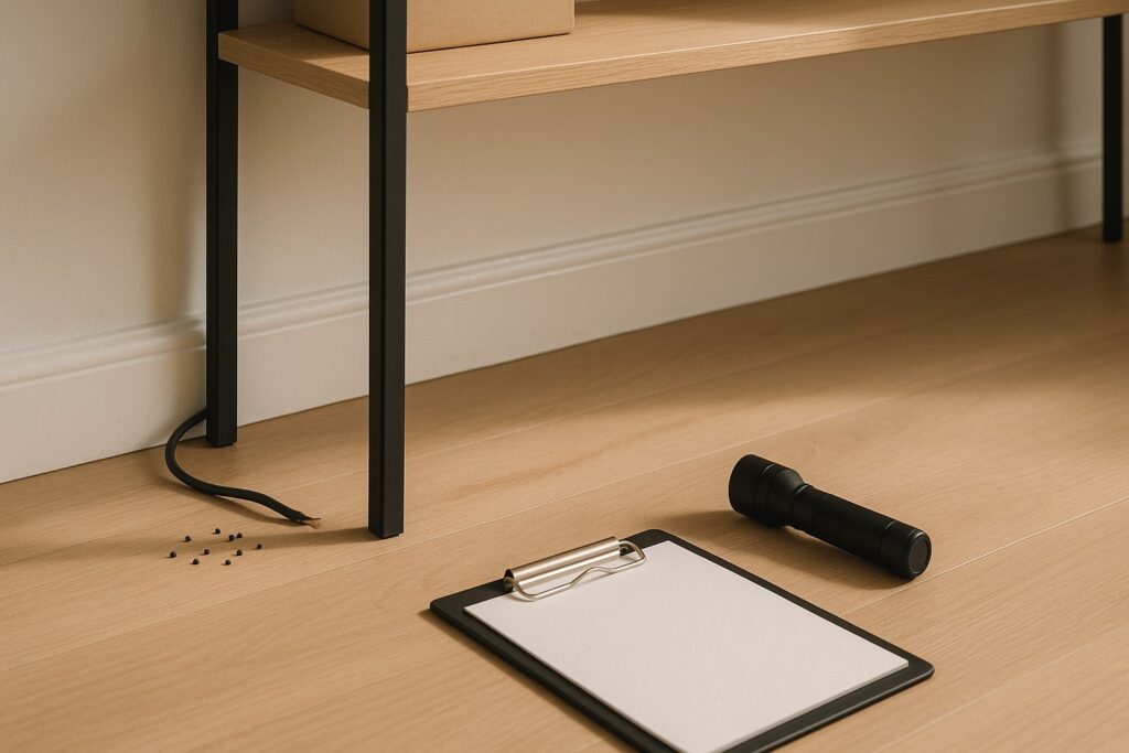 Flatlay of modern home entryway showing subtle signs of pest infestation with droppings, grease trail, and chewed cable