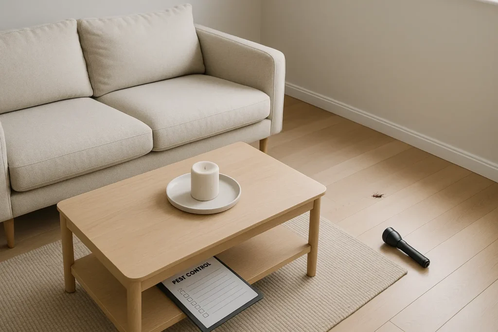 Subtle signs of a pest problem in a modern home — inspection tools, checklist, and pest trail near the baseboard